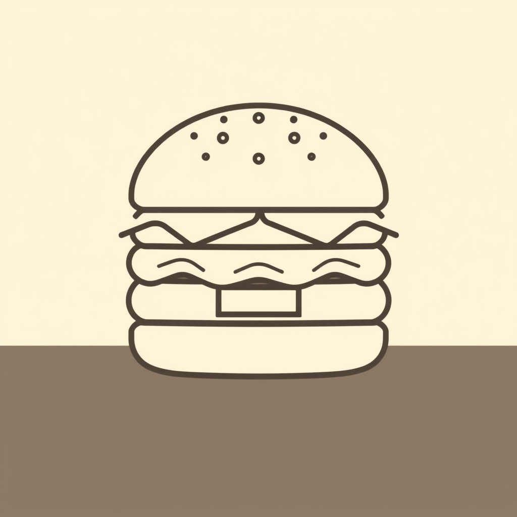 A monoline hamburger with added geometric shapes, where the bun becomes a semi-circle and the patty a rectangle, using the simplicity of monoline to enhance geometric forms.