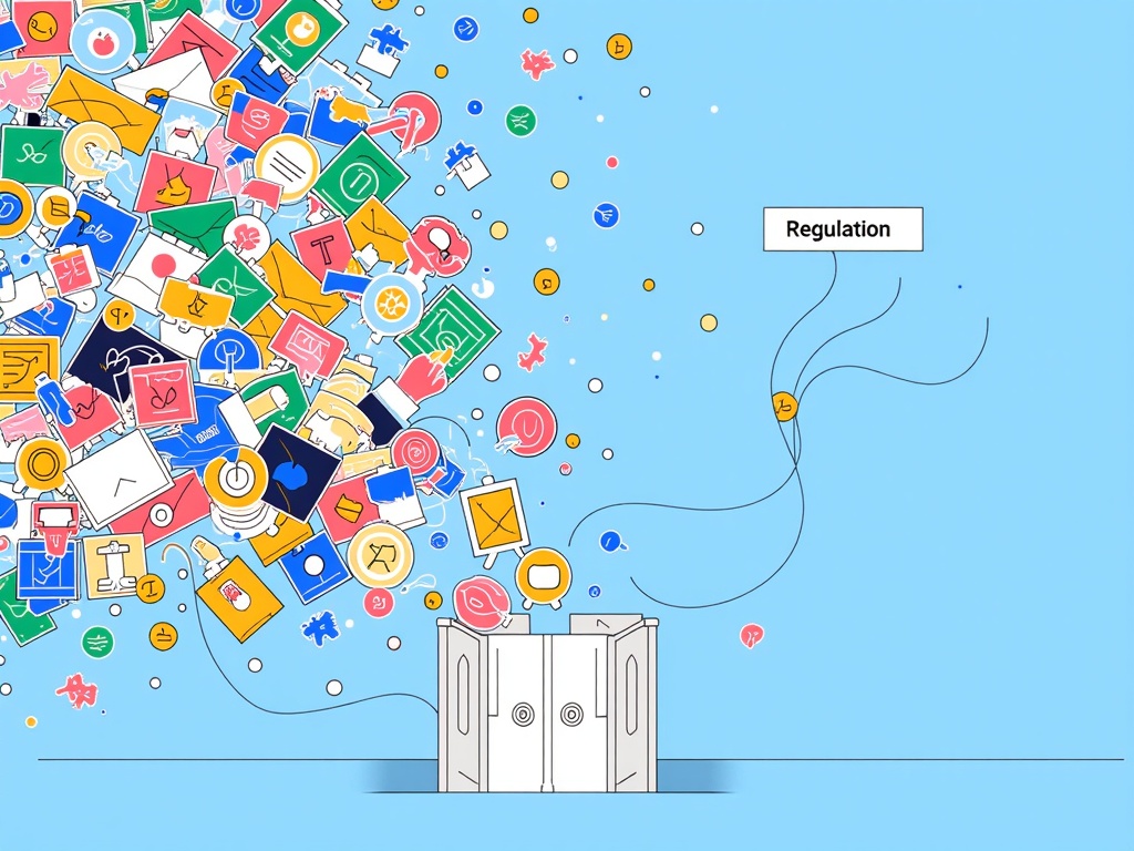 Illustration 5: Show a vibrant, diverse stream of data and icons (representing ideas, user content, new features) flowing towards a large filter or gate labeled 'Regulation'. Only a thinner, more uniform stream emerges on the other side, indicating stifled innovation.