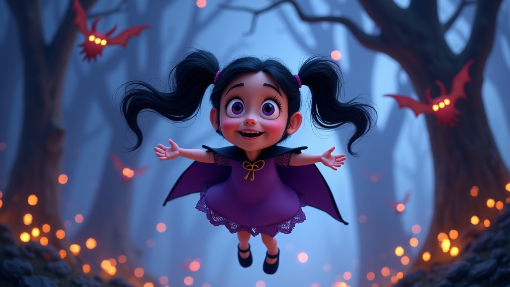 The image is a digital illustration of a young girl with long black hair and big eyes. She is wearing a purple dress with a yellow bow on the waist and black shoes. She has a big smile on her face and is flying through the air with her arms stretched out to the sides. The background is a dark forest with tall trees and orange lanterns hanging from the branches. The overall mood of the image is magical and whimsical.