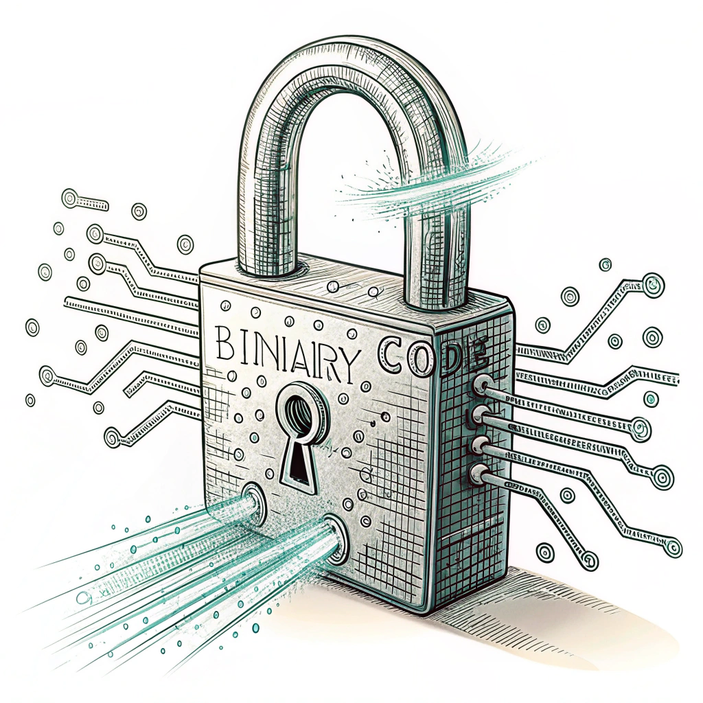 Sub-design 1: A detailed padlock with binary code (0s and 1s) appearing as intricate etchings across its surface or flowing like a digital stream into/out of the keyhole. The shackle itself could be formed from intertwined data cables or light streams.