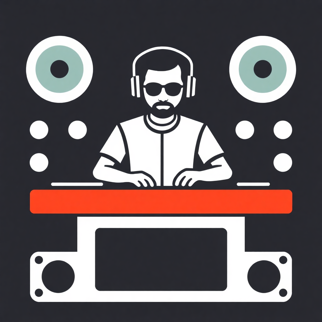 The image is a graphic illustration of a DJ playing music on a turntable. The DJ is wearing a white shirt and has a beard and sunglasses. He is also wearing a pair of headphones and has his hands on the turntables. The background is black with white polka dots scattered around. In front of the DJ, there is a red table with a black screen. The overall design is simple and minimalistic.