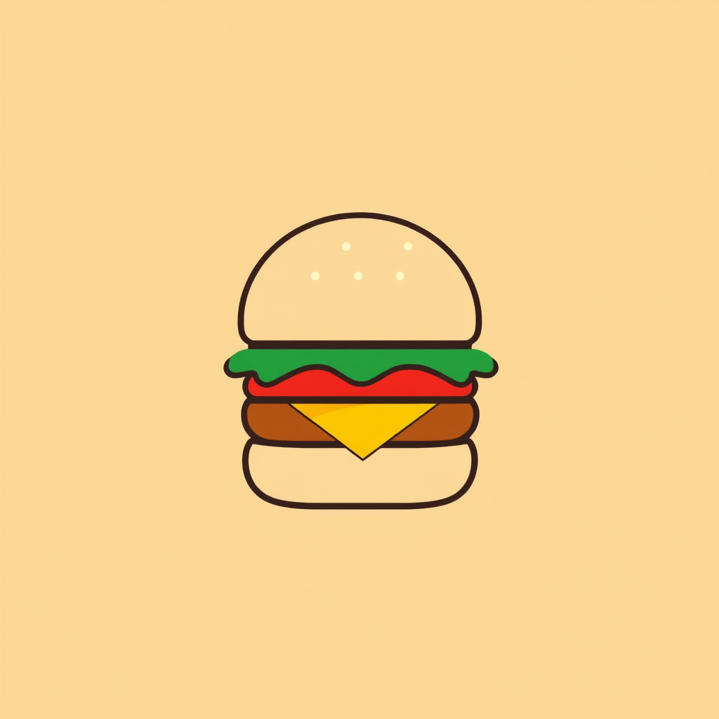 Incorporate a minimalist approach with stacked geometric shapes representing the burger layers. Use bold, solid colors for a graphic impact.