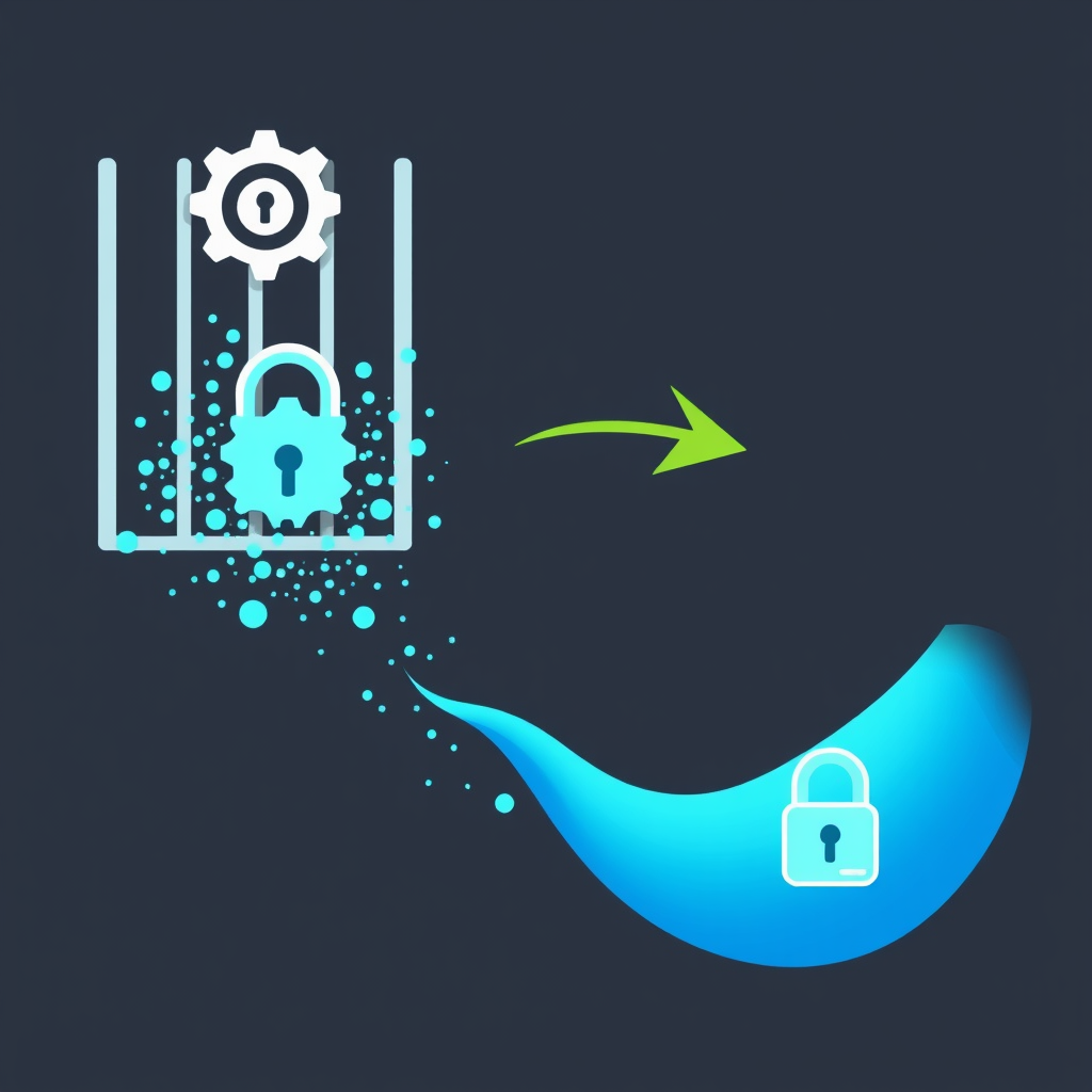 Sub-design Idea 5 (Fragmented to Solidified Stream with Padlock): Depict data initially as fragmented or chaotic particles. These particles flow towards and pass through a secure gate or a gear-like 'encryption engine' icon. Post-transformation, they emerge as a coherent, solid, and sleek stream, possibly with a small padlock emblem on it to symbolize its secured and encrypted state.
