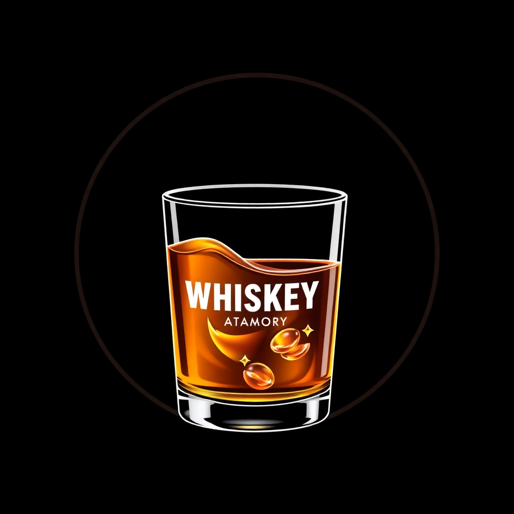 The image is a graphic design of a glass of whiskey. The glass is filled with a golden-brown liquid, which appears to be whiskey, and is tilted slightly to the side. The word WHISKEY is written in bold white letters across the top of the glass, with the word ATAMORY written in smaller white letters below it. The background is black, and there is a small orange circle around the glass. The overall design is simple and minimalistic, with a focus on the glass and the text.