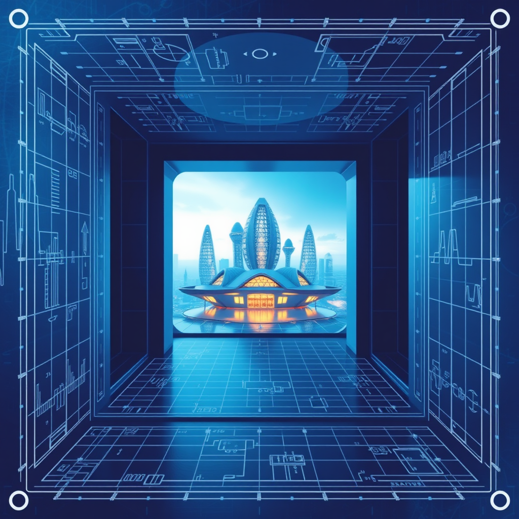 Dimensional Blueprint Portal: A design using perspective to create an illusion of looking through a blueprint frame or opening into a futuristic vista. The 'frame' is composed of classic blueprint elements, while the 'view' reveals abstract, glowing architectural forms representing 'Tomorrow'.