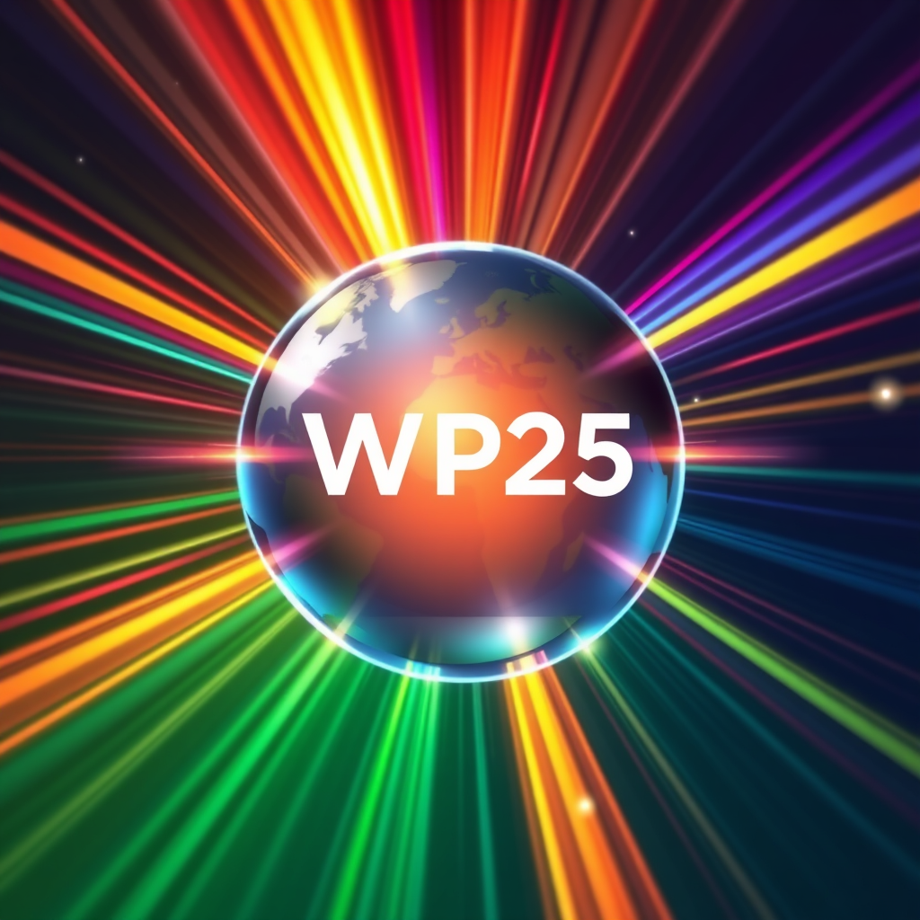 Sub-Design Idea 3 (Global Radiance): An abstract circular motif representing the globe, encircled or illuminated by dynamic bands of rainbow light, signifying worldwide pride, unity, and a global beacon. 'WP25' could form a central point or be woven into the light patterns.