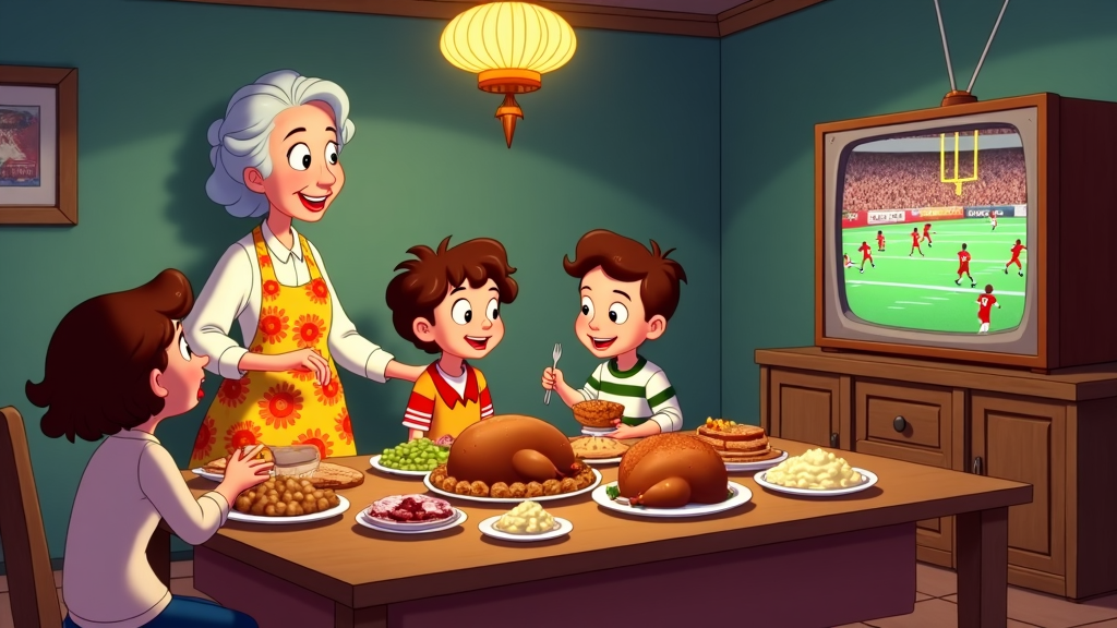 A scene showing a table laden with Thanksgiving feast, with family members' eyes occasionally darting to a nearby TV displaying a football game.