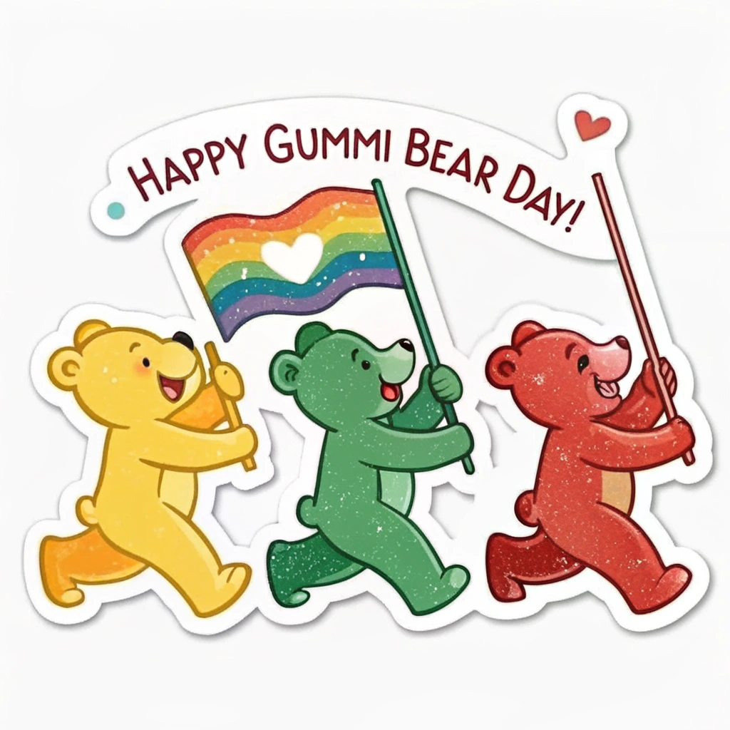 Sticker Design Idea 5: A die-cut sticker showing a line of different colored gummi bears marching or dancing, perhaps holding tiny 'Happy Gummi Bear Day!' flags, conveying a sense of celebration.