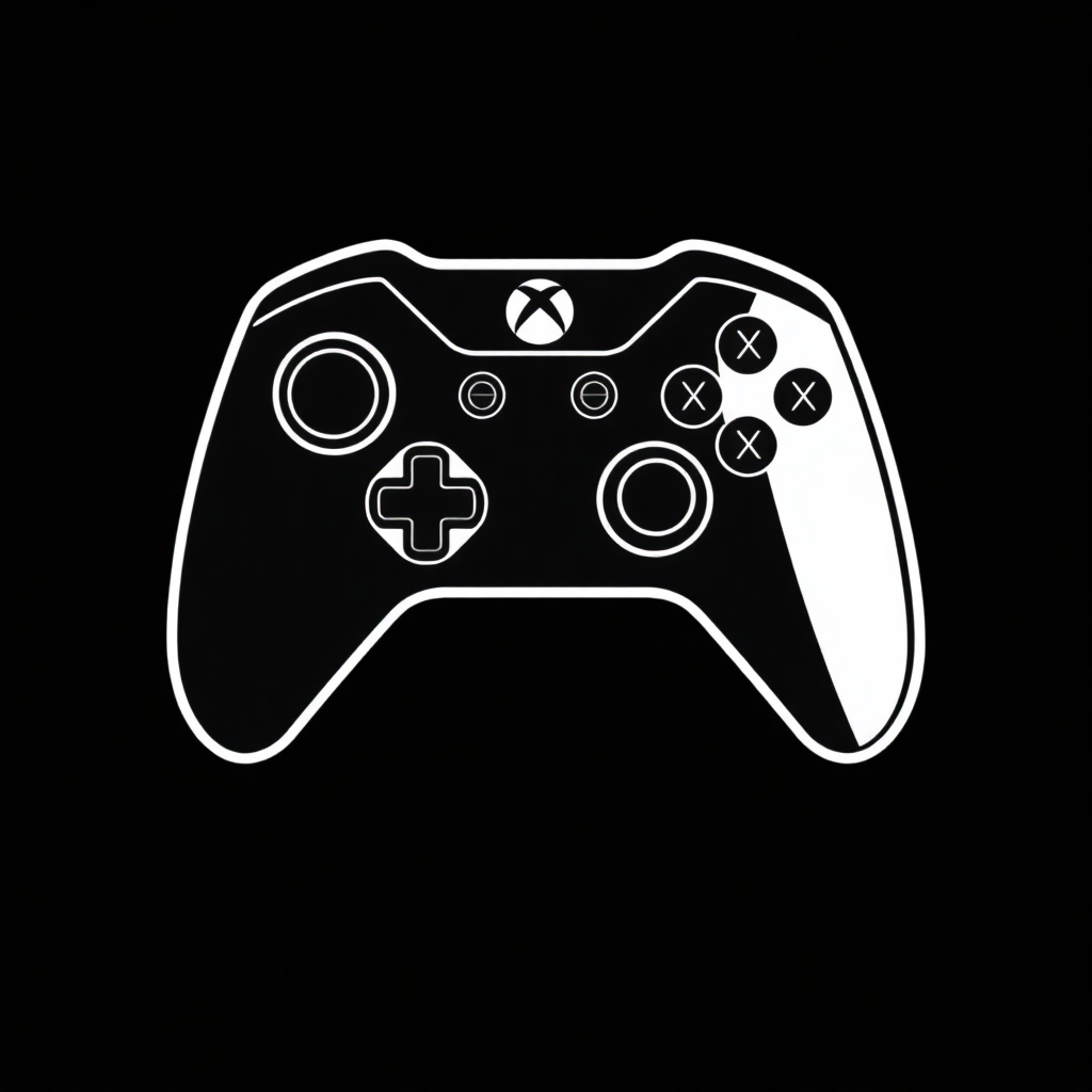 The image is a black and white illustration of a video game controller. The controller is in the shape of a joystick with four buttons, two on each side, and a directional pad in the center. The buttons are arranged in a circular pattern, with the X and Y symbols on the left and right side of the joystick. The joystick also has a plus sign in the middle, indicating that it is a gamepad. The background of the image is black, making the controller stand out.