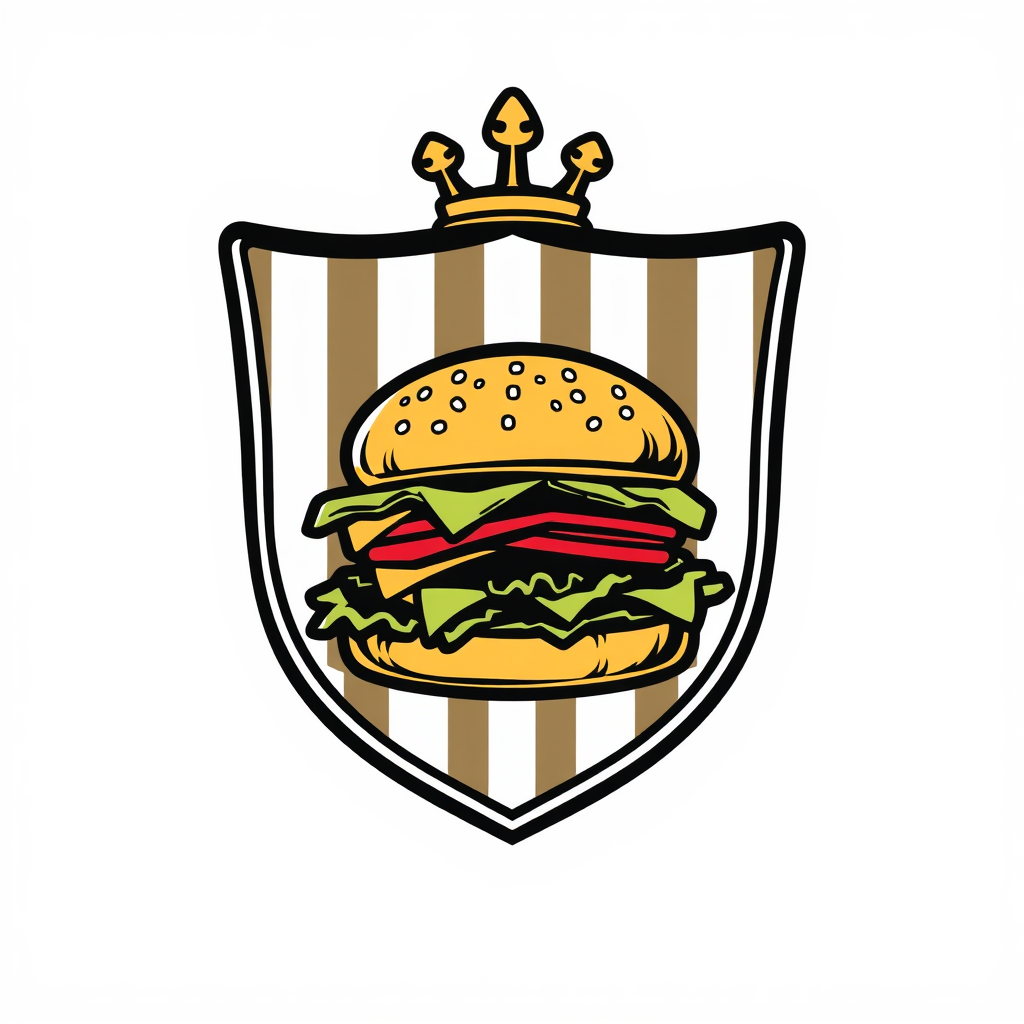 An emblem that features a hamburger depicted within a shield or crest. The burger itself can be rendered in a detailed or simple manner, while the shield can include subtle design elements like stripes or other heraldic features. This combines food with heritage, giving a very classic vibe.