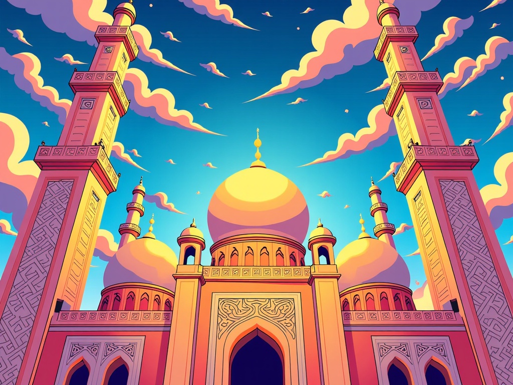 A dynamic perspective illustration looking up at towering minarets and grand domes of an Arabian palace against a vibrant, stylized sky (perhaps with swirling clouds or magical celestial bodies). Emphasize the geometric patterns and ornamental details on the surfaces of these architectural elements.