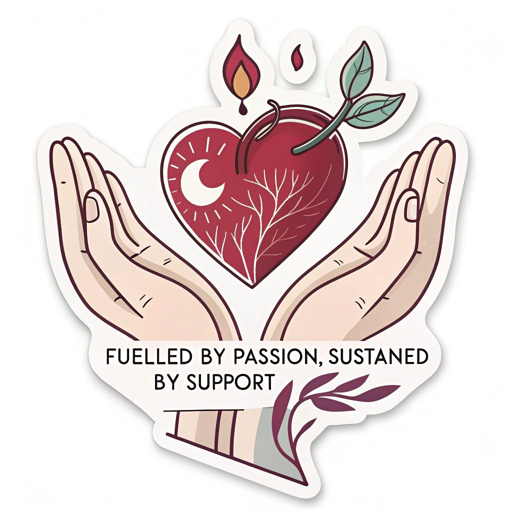 A sticker featuring a stylized heart (representing passion) gently cupped and protected by illustrated hands (representing support). The tagline 'Fuelled by Passion, Sustained by Support' can be gracefully integrated around or below the imagery.