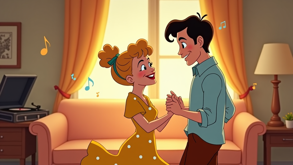 A cartoon couple dancing in a small living room, surrounded by music notes, with a record player spinning in the corner.