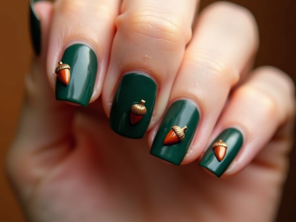 Thanksgiving-themed nails painted in dark forest green with tiny bronze acorns, exemplifying a simple earthy look.