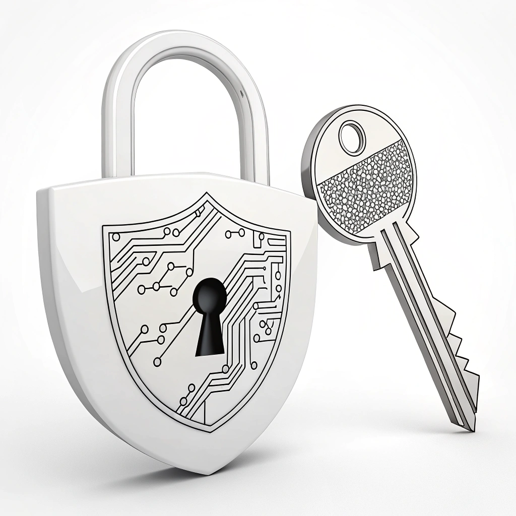 Simple Icon Idea: A minimalist padlock icon where the keyhole is shaped like a shield, and a separate, equally minimalist key icon with a circuit board pattern etched onto its bow.