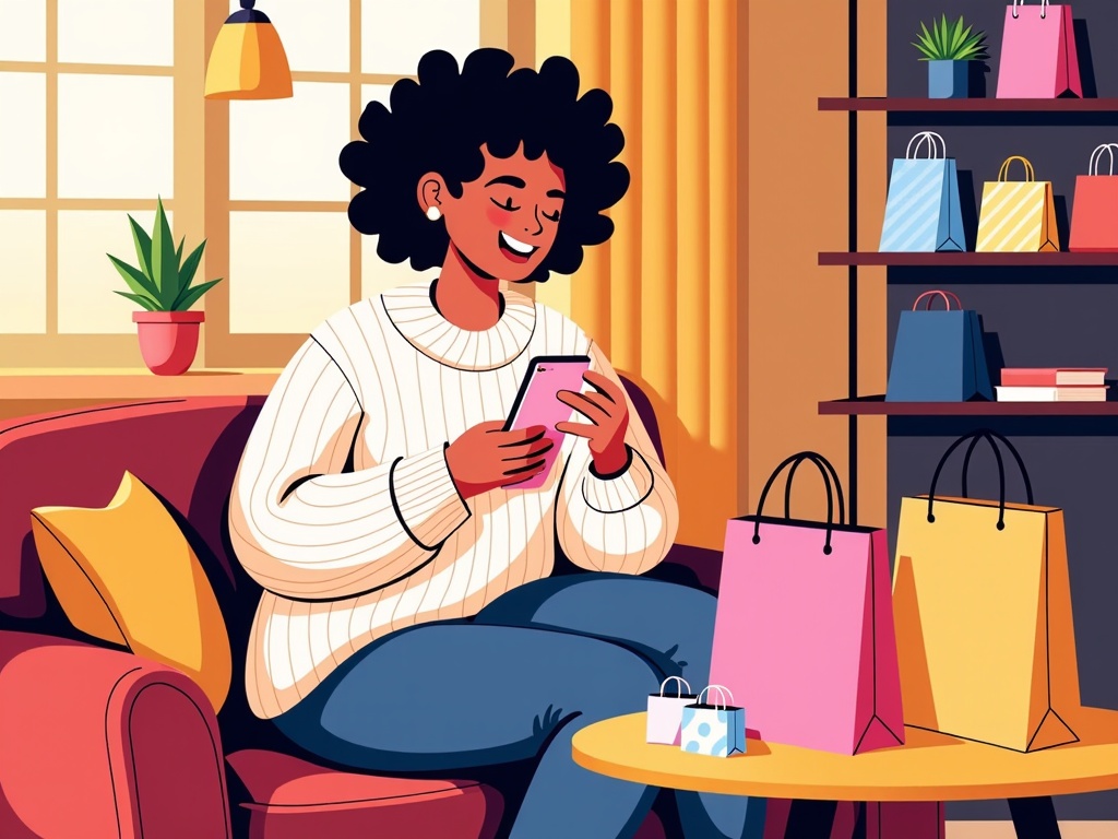  a young woman sitting on a red armchair in a living room. She is wearing a white sweater and blue jeans and has curly black hair. The woman is holding a pink smartphone in her hands and appears to be texting or browsing the internet. On the right side of the image, there is a bookshelf with colorful shopping bags and a small table with more shopping bags on it. The room has a window with yellow curtains and a potted plant on the windowsill. The overall style of the illustration is cartoon-like.