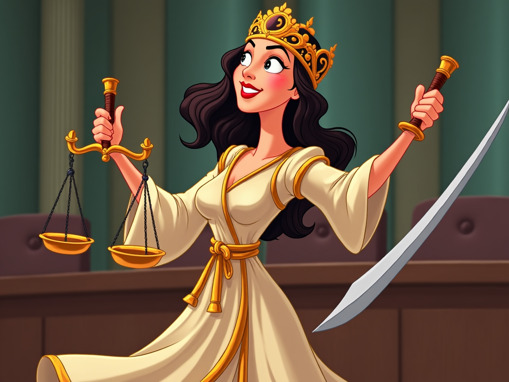 A whimsical cartoon of Lady Justice juggling her scales and sword, depicted with exaggerated motion lines, implying the challenges of maintaining fairness in chaotic situations. Her blindfold adds to the chaos with swirling patterns.