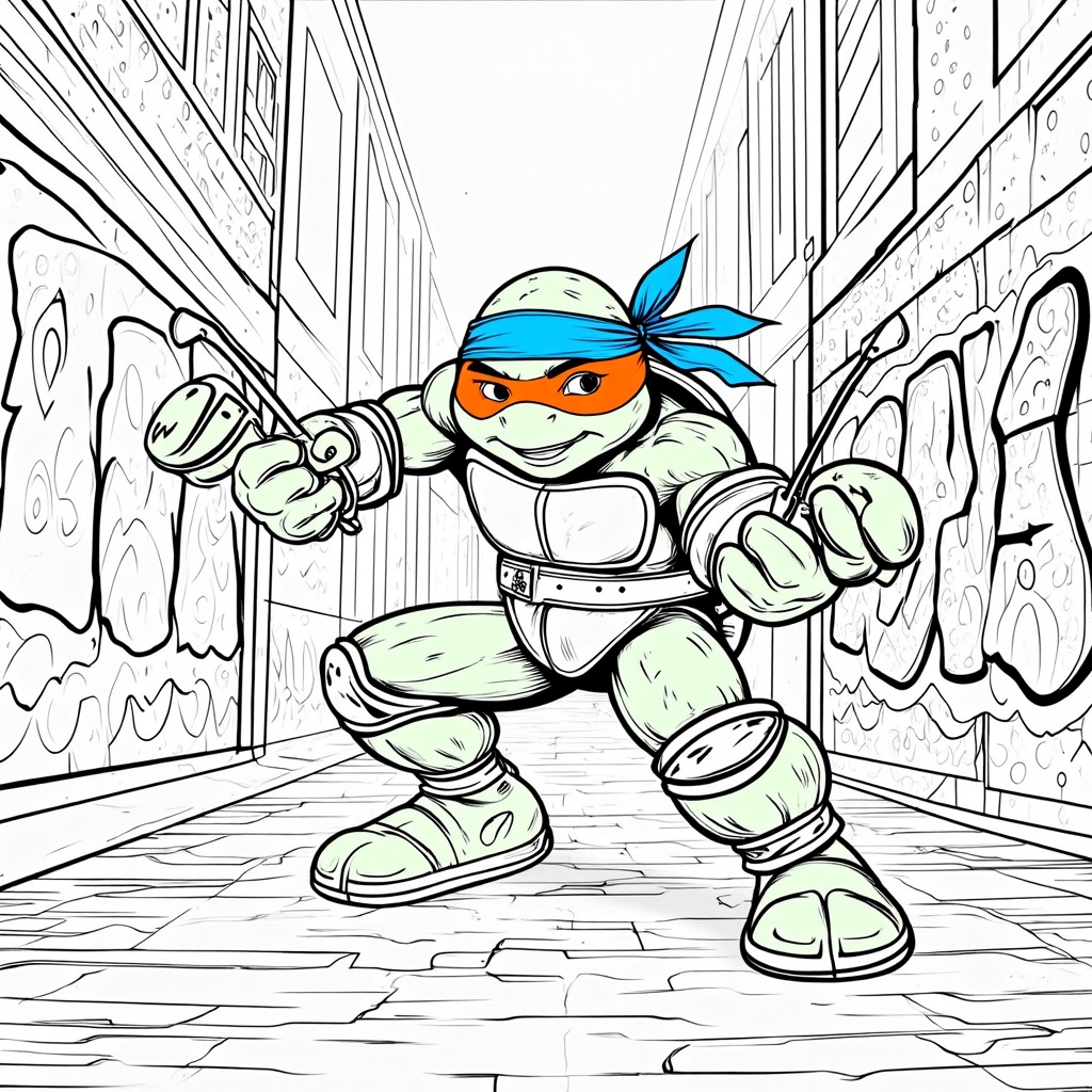 The image shows a sketch of a teenage mutant ninja turtle in the middle of a street, surrounded by walls on either side. The turtle is wearing a red bandana and has a determined expression on its face, ready to take on any challenge.