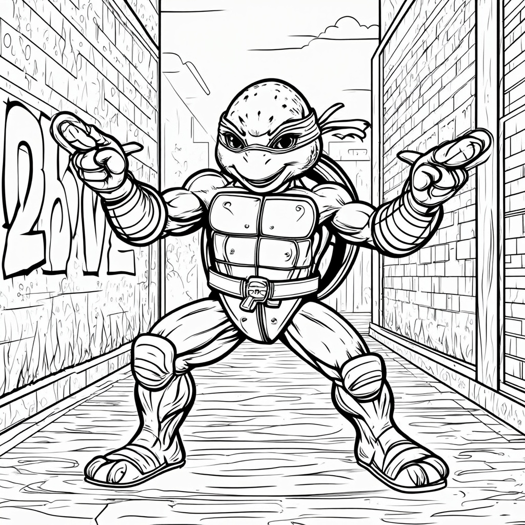 The image shows a sketch of a teenage mutant ninja turtle, Leonardo, standing in front of a wall with a sky full of clouds in the background. He is wearing his signature red bandana and has a determined expression on his face. The image is a free printable coloring page, perfect for kids to enjoy.