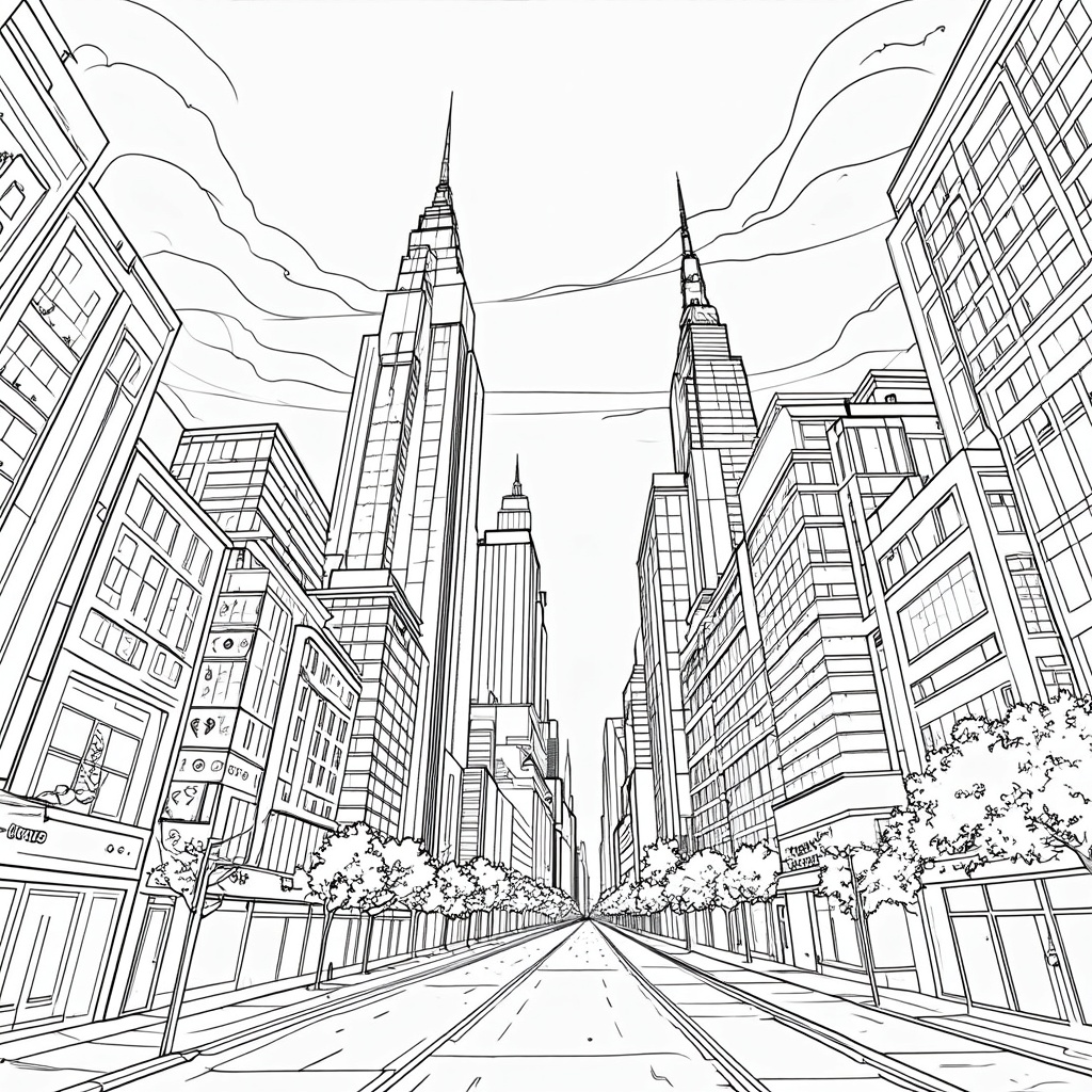 A dynamic cityscape with skyscrapers and superhero emblems hidden within the architecture for coloring.