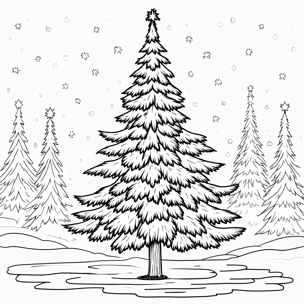 The image is a black and white line drawing of a Christmas tree in the middle of a snowy landscape. The tree is tall and slender with a star on top, standing in the center of the image. It is surrounded by other trees of different sizes and shapes, all of which are covered in snowflakes. The background is white, and there are small snowflake-like patterns scattered throughout the scene. The ground is covered in a layer of snow, and the tree is standing on a small patch of ice. The overall mood of the scene is peaceful and serene.