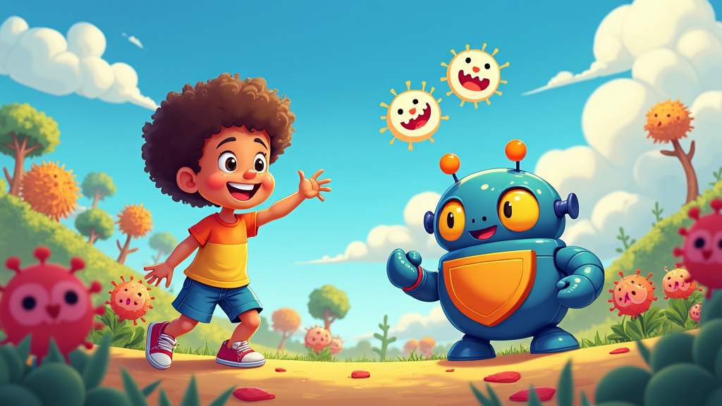 A vibrant cartoon scene where a child safely explores a digital world protected by a friendly, personified 'Parental Control Pad' (e.g., a shield or robot) that deflects cartoonish digital threats, with parents implicitly as the 'Heroes'.
