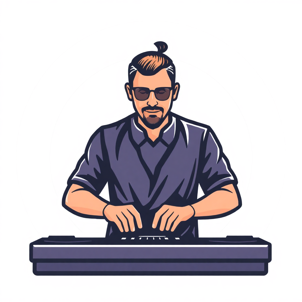 The image is an illustration of a man playing a DJ set. He is wearing a blue shirt and has a beard and mustache. He has a pair of sunglasses on and his hair is styled in a messy bun. The man is standing in front of a turntable with his hands on the keys. The background is white. The image has a blue and purple color scheme.