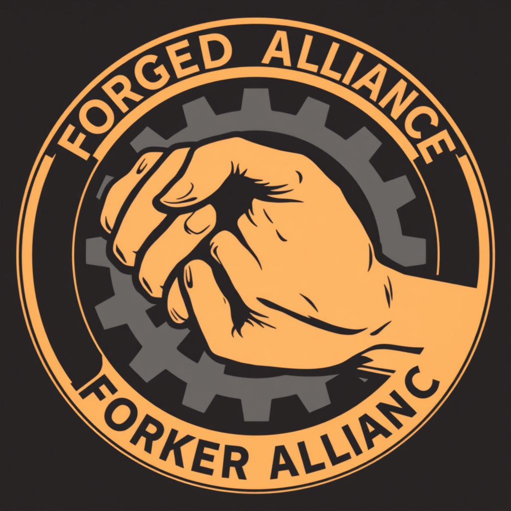 Forged Alliance Emblem: Intertwined hands forming a strong, almost metallic or chain-like link, symbolizing the unbreakable strength and solidarity of the 2025 Worker Alliance. Elements like a subtle cogwheel pattern could be incorporated into the background or within the hands' texture.