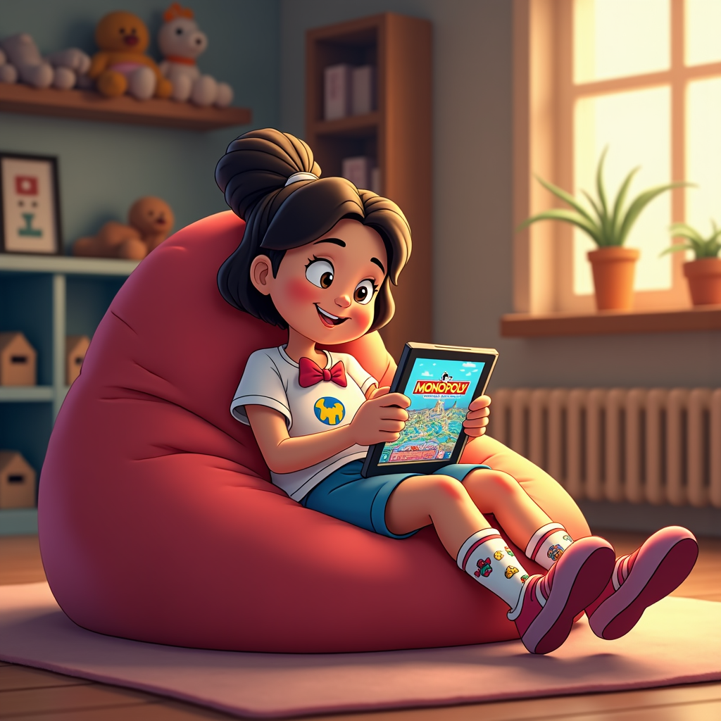 A young girl reclines on a large beanbag, engrossed in a digital version of Monopoly on her tablet. Her outfit engages fans of classic games, emphasized by Monopoly socks and a bow tie, enjoying blend logs of today's tech with nostalgic board games, indicating modern gaming interests.