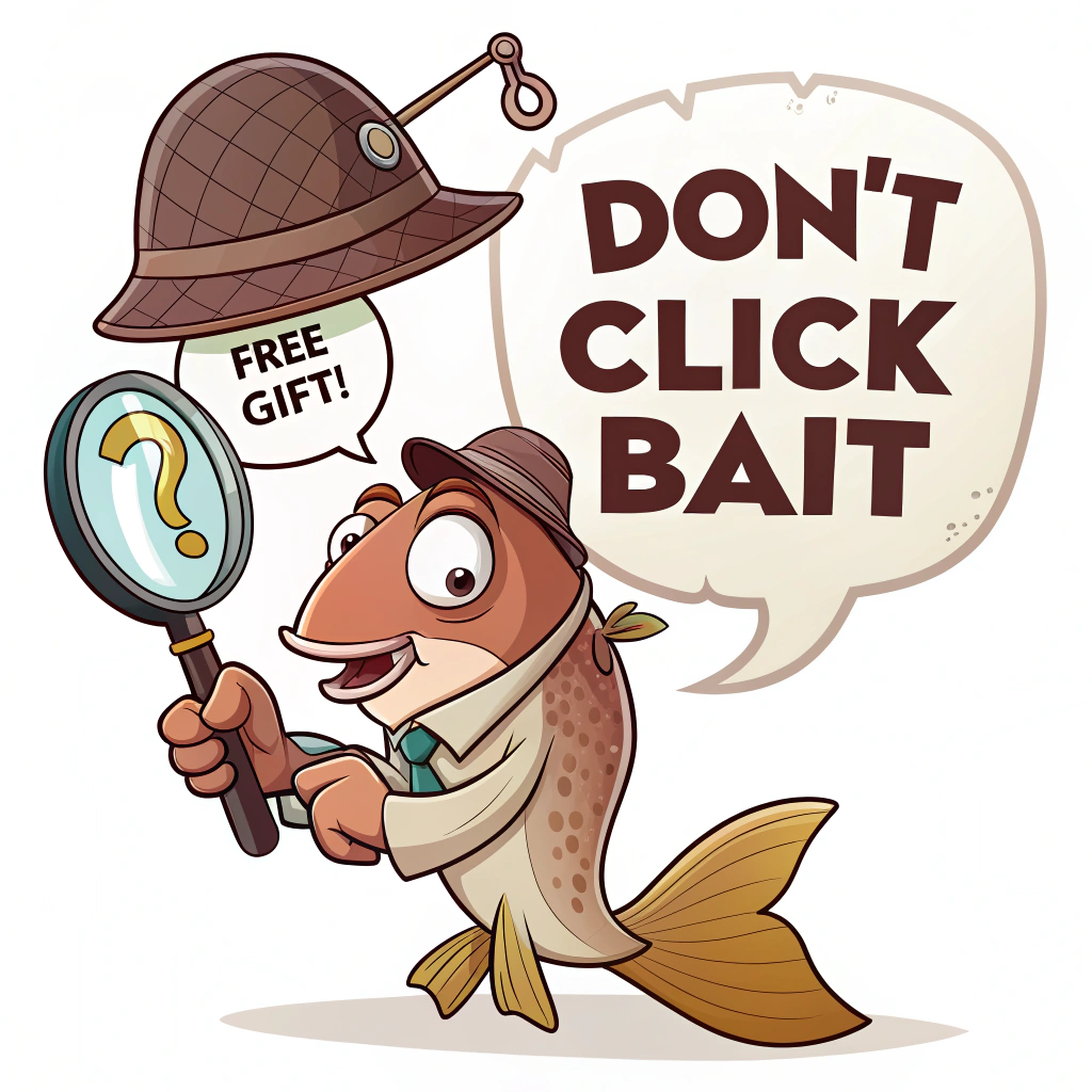 Sub-design 2 (The Aware Fish): A cartoon fish wearing a detective hat and holding a magnifying glass, suspiciously examining a fish hook labeled 'Free Gift!'. The text 'Don't Click Bait' prominently displayed, perhaps in a speech bubble from the fish.