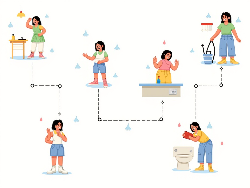An illustrative timeline showcasing 'A Day Without Easy Water'. The narrative follows a character through their day, highlighting the challenges and adaptations required when readily available water is gone, emphasizing its value in everyday tasks often taken for granted.