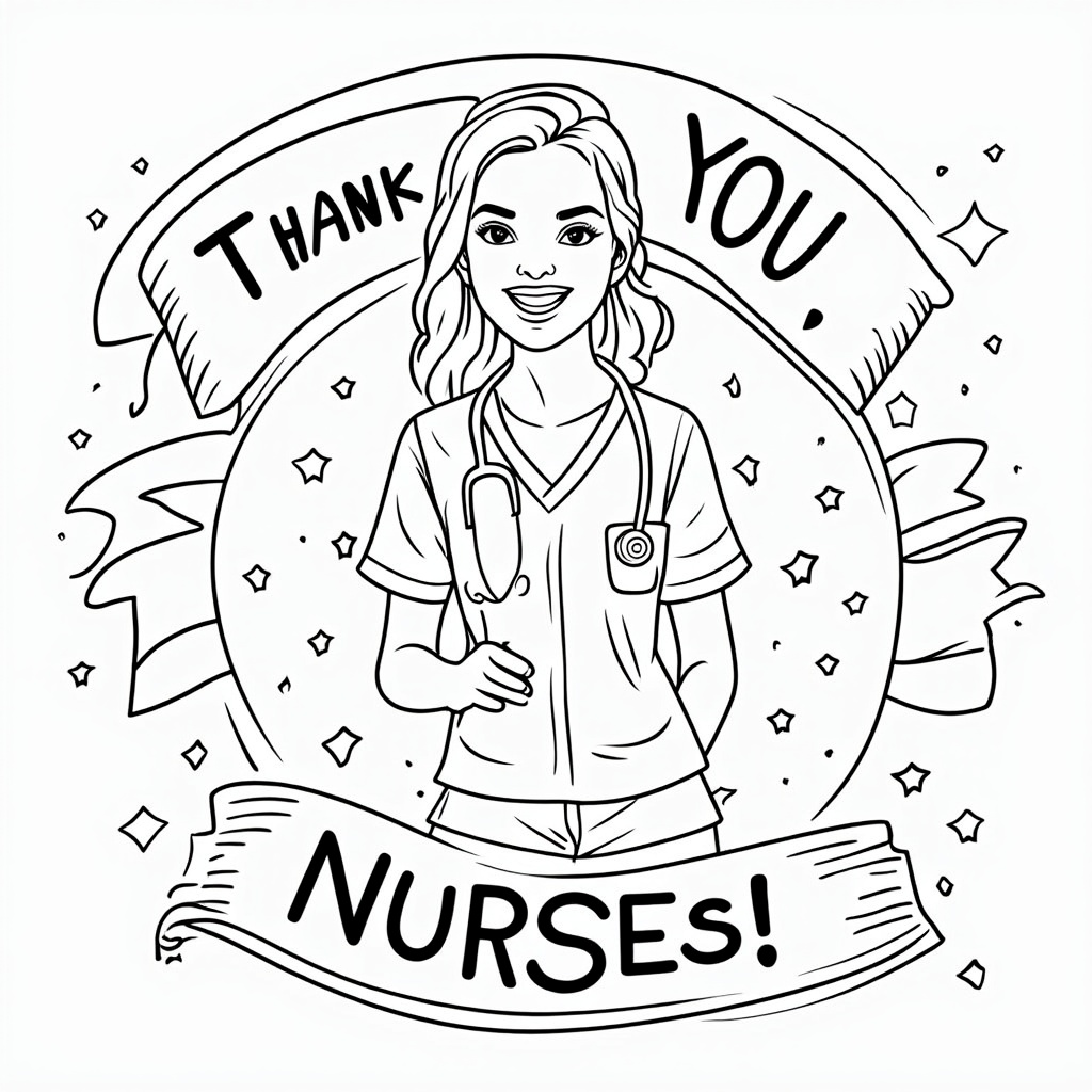 A nurse with a caring smile and stethoscope is featured prominently in the center. Below her, a large, decorative banner with the words 'Thank You, Nurses!' for coloring. Stars and confetti elements can be added around the banner.