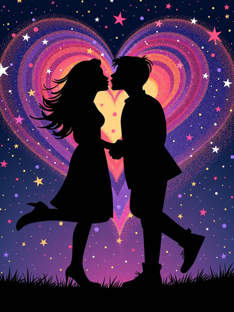 Two silhouettes kissing with swirling stardust forming heart shapes