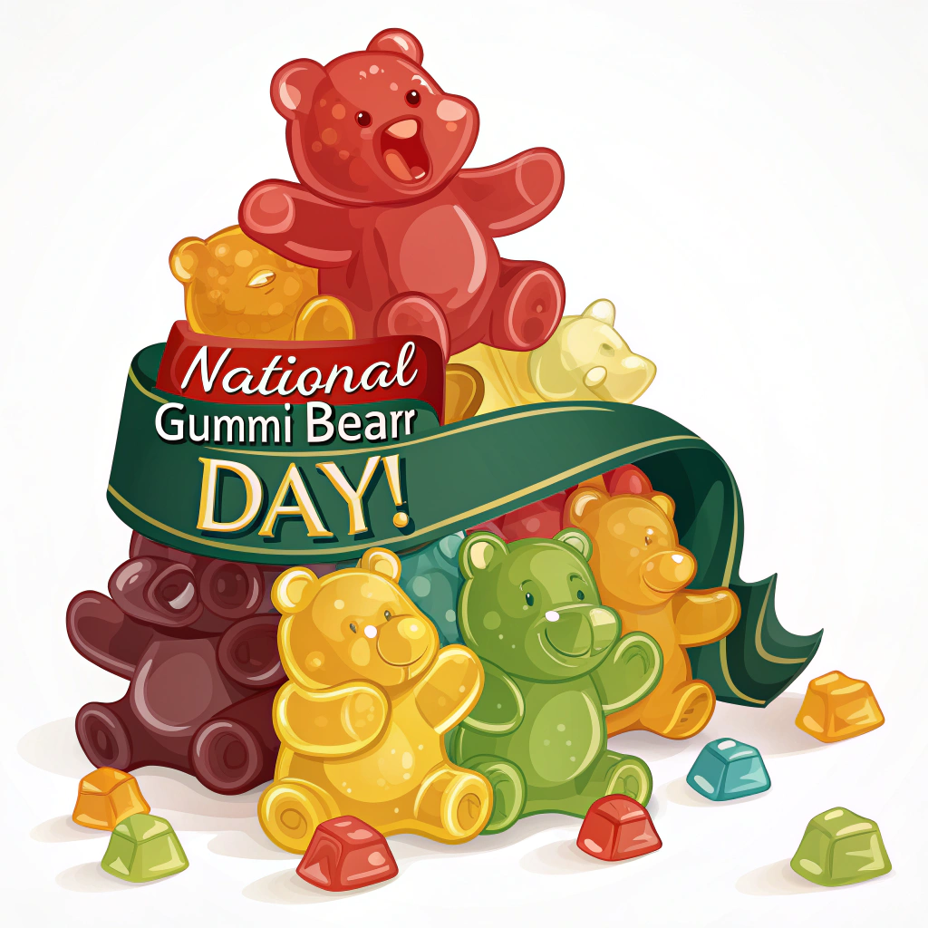 Sticker Design Idea 2: A joyful pile of various brightly colored gummi bears (e.g., red, orange, yellow, green, clear) with the text 'National Gummi Bear Day!' on a ribbon or banner integrated into the pile.