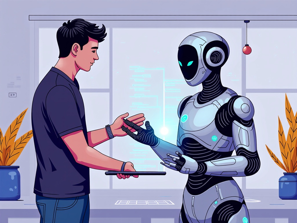 The AI Co-Creator: Feature an inspiring, perhaps abstract or futuristic, AI character interacting with a developer. The AI could be shown assisting in problem-solving, co-piloting through code, or offering insights, visually representing the power of AI in Microsoft's developer ecosystem (e.g., GitHub Copilot).