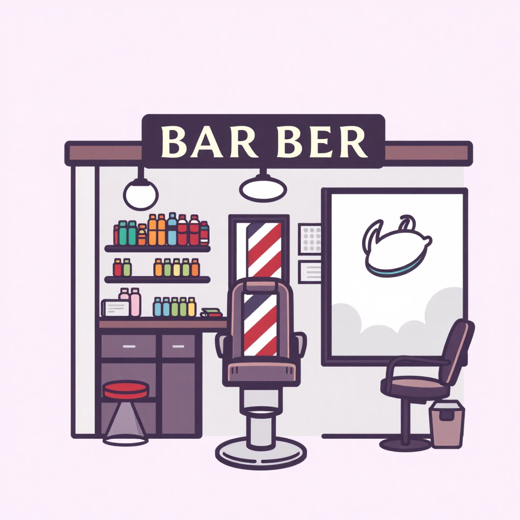 The image is an illustration of a barber shop. The shop has a sign that reads BARBER in bold letters at the top. Below the sign, there is a barbershop with a red and white striped barber chair in the center. On the left side of the shop, there are shelves with various hair products such as shampoo, conditioner, and conditioner bottles. Next to the barber's chair is a desk with a mirror and a stool. In front of the desk is a large mirror with a teapot hanging on it. There is also a trash can on the floor next to the desk. The overall color scheme of the image is purple and white.