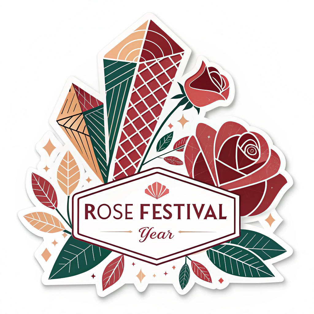 An Art Deco inspired, stylized cascade of geometric rose petal shapes in bold festival colors, conveying dynamic movement. Include 'Rose Festival [Year]' text.