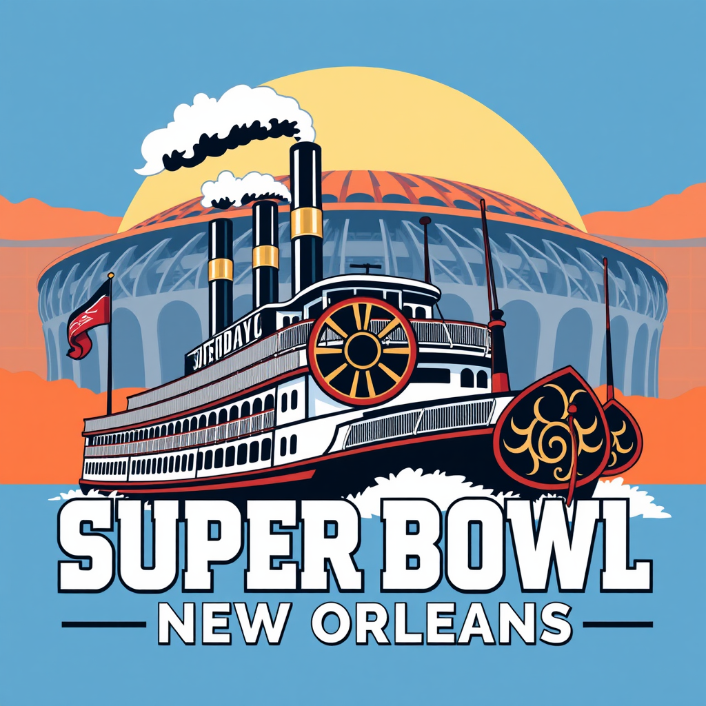 Riverboat Stadium Showdown: A grand Mississippi steamboat is featured in the foreground with a stylized Caesars Superdome in the background. The Roman numeral 'LIX' is integrated into the steamboat's smokestacks or paddle wheel. 'Super Bowl - New Orleans' text is in a bold, retro sans-serif. Color palette uses river blues, boat whites, stadium metallics, and sky oranges.