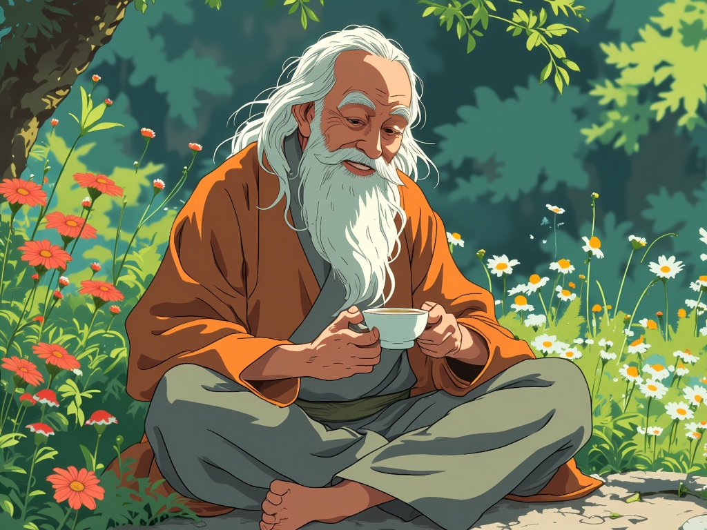 A serene scene of Iroh sipping tea amidst the tranquil surroundings of a lush garden, embodying wisdom and peace.