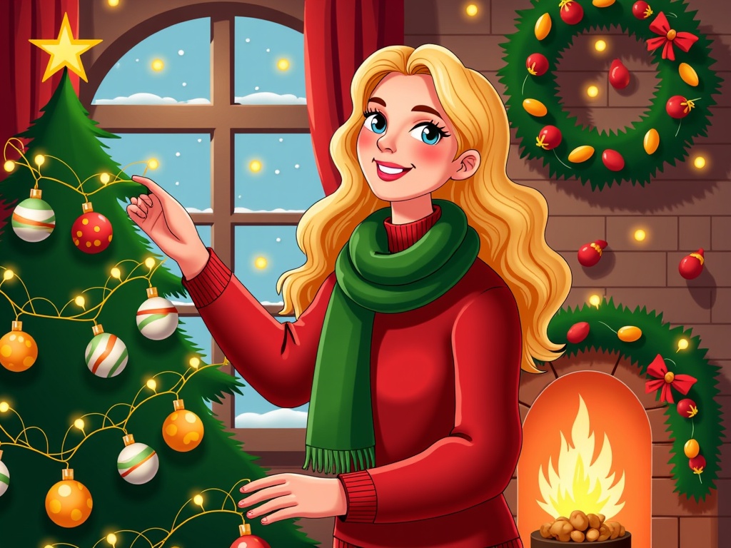  a young woman standing in front of a Christmas tree decorated with colorful ornaments and lights. She is wearing a red sweater and a green scarf around her neck. She has blonde hair and is smiling at the camera. The tree is in a room with a brick wall and a window with red curtains. On the right side of the image, there is a fireplace with a wreath hanging above it. The wreath is made up of red and gold baubles and a star on top. The woman is holding a string of lights in her hand and appears to be decorating the tree.