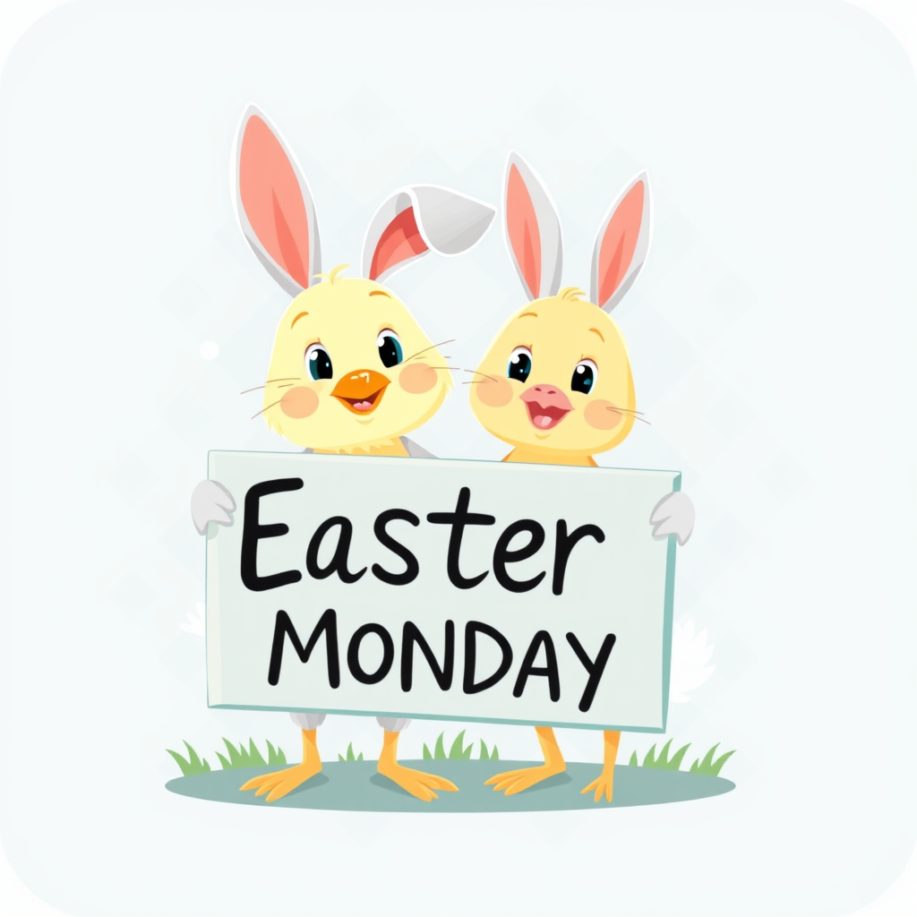 Chick and bunny are holding a sign that says 'Easter Monday'