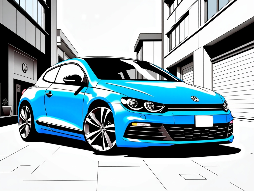 The image is a digital illustration of a blue Volkswagen Scirocco car parked on a street in front of a modern building. The car is a two-door coupe with a sleek and sporty design. It has a large front grille with the Volkswagen logo in the center and silver alloy wheels. The background shows a row of modern buildings with glass windows and a garage door on the right side. The sky is overcast and the overall color scheme of the image is blue and white.