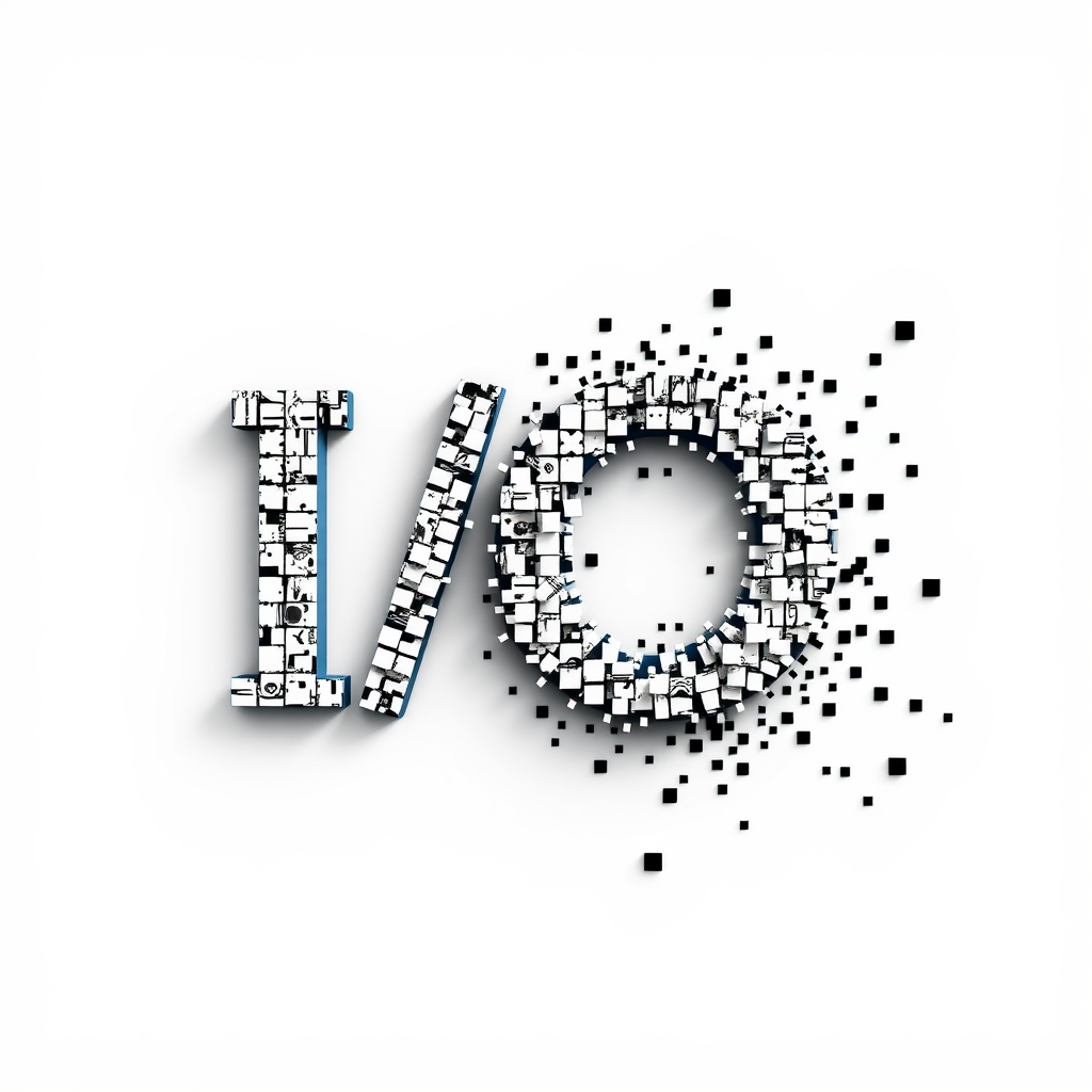 Pixel Genesis: The 'I/O' letters are shown as if being constructed or deconstructed by a fluid swarm of pixels, with some pixels forming novel, unexpected patterns around the core letters, highlighting the generative AI aspect.