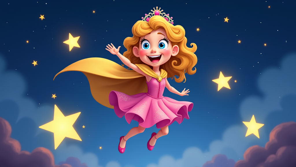 A playful princess with a starry cape, leaping among floating stars, with a friendly, animated expression.