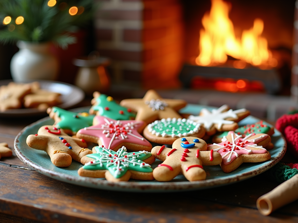  a plate of decorated Christmas cookies on a wooden table in front of a fireplace. The cookies are in various shapes and sizes, including star-shaped cookies, star cookies, and gingerbread men. They are decorated with colorful icing and sprinkles in shades of pink, green, and white. There is a small Christmas tree in the background and a red and green knitted blanket on the right side of the table. The fireplace is lit with warm orange and yellow flames, creating a cozy and festive atmosphere.