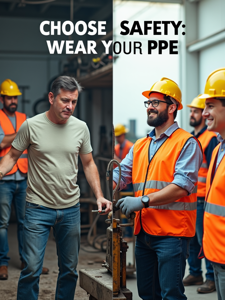 Design a poster using a split-image concept: one side showing a potential hazard scenario without PPE, and the other side showing the same scenario safely managed with correct PPE usage. Headline: 'Choose Safety: Wear Your PPE.'