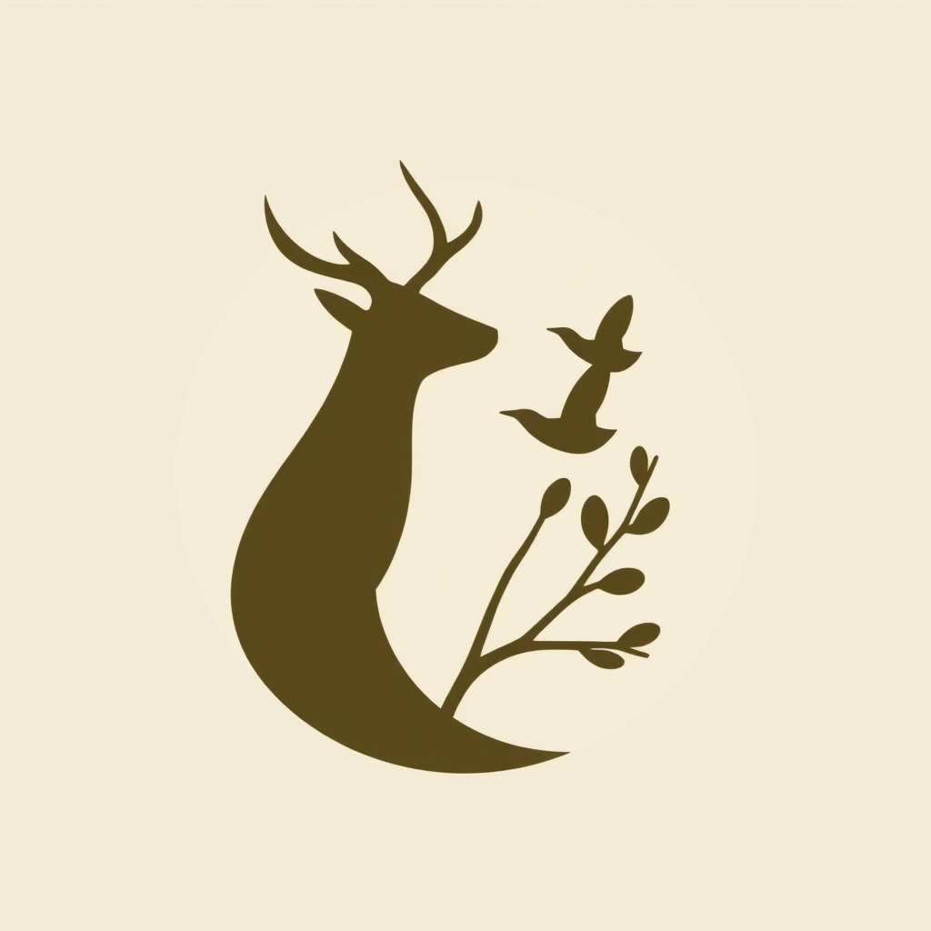 Sub-design Idea 3: A modern, geometric design combining a stylized local animal silhouette (e.g., a calm deer or a bird in flight) with a simple branch or leaf element, representing harmony with local ecosystems.