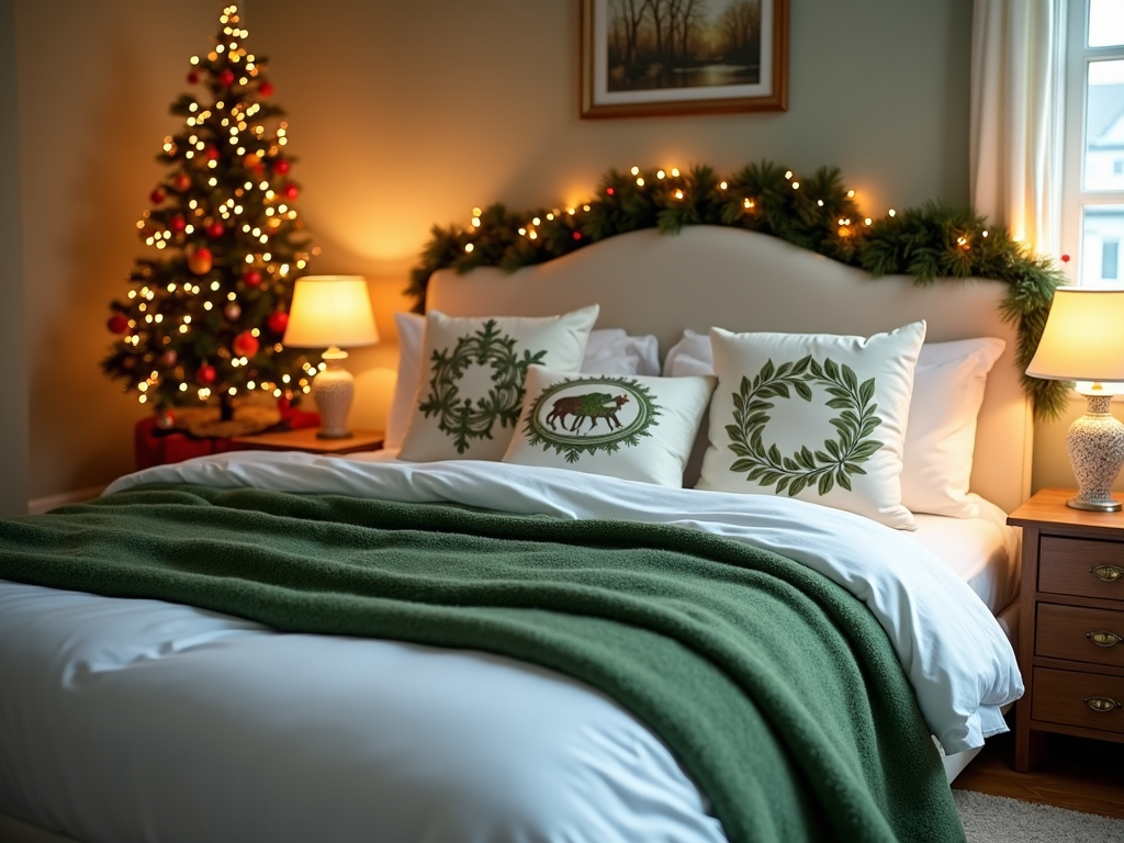 A festive bedroom featuring a serene Christmas palette with a bed covered in crisp white sheets, a green wool blanket, and decorative pillows with holiday patterns, offering comfort and style for the season.