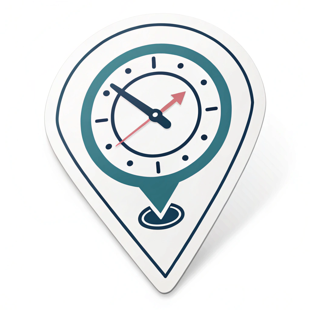 Simple Icon Concept: A unified icon where a standard map pin symbol is subtly merged or intertwined with a clock hand (or a simplified clock face element) to visually represent both location and time in a single, compact graphic.