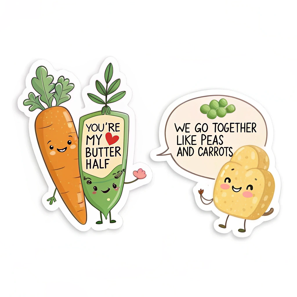 Stickers presenting food with love-related puns, for example, 'You're my butter half' with a cute butter character, or 'We go together like peas and carrots' with the illustrated vegetables.